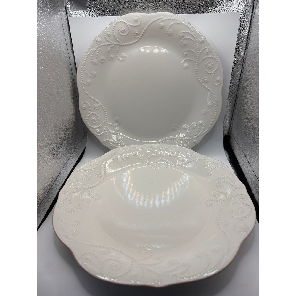 2 Lenox French Perle Off White Embossed Glazed Stoneware Dinner Plates 10.75"